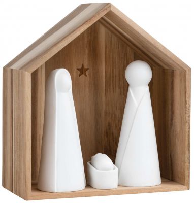 Winterzeit die große Krippe von Räder: Moderne, minimalistische Weihnachtskrippe aus Holz mit weißen Figuren.